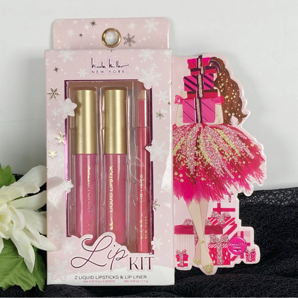 Nicole Miller Lip Kit 2 Liquid Lipsticks 1 Lip Liner Pinks NEW